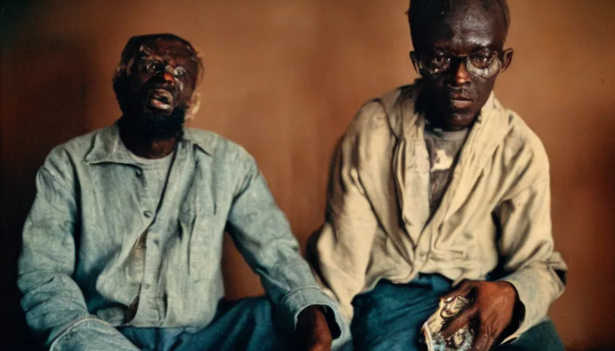 Image similar to movie still by djibril diop mambety of a man with stomach on his knee, cinestill 8 0 0 t