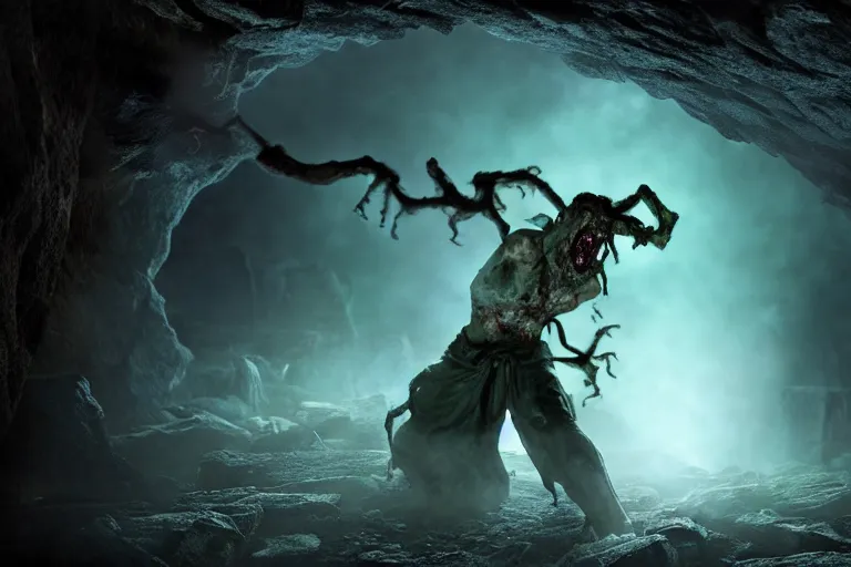 Image similar to vfx film, soul reaver executing zombies, devouring magic souls, in epic ancient sacred cave temple, flat color profile low - key lighting award winning photography arri alexa cinematography, hyper real photorealistic cinematic beautiful, atmospheric cool colorgrade