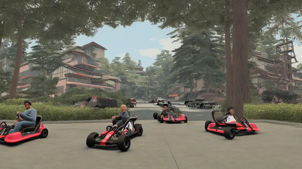 Prompt: I am following Sheldon Evans, driving around in go-karts, very high detailed screen print by Kawase Hasui and dan hillier, 8k unreal engine