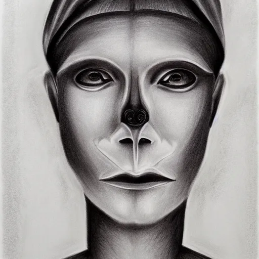 Image similar to charcoal portrait of androgynous human with a strange face. precisionism, charcoal drawing, surrealist, genderless