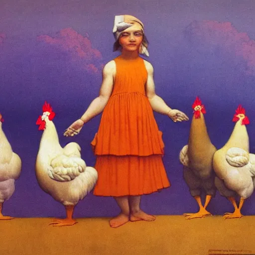 Image similar to seven chickens in dresses, maxfield Parrish