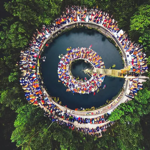 Image similar to Aerial photograph of sikkim people holding hands in a circle on top of a mountain, realistic