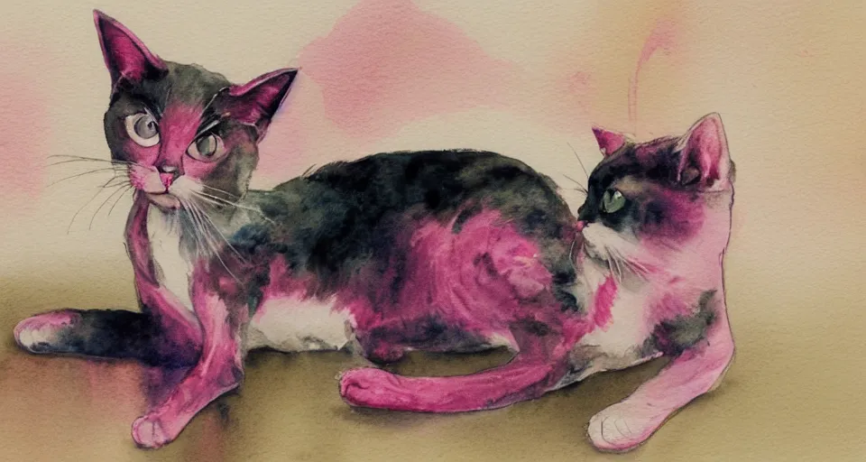 Prompt: a beautiful watercolor painting of a pink cat stretching