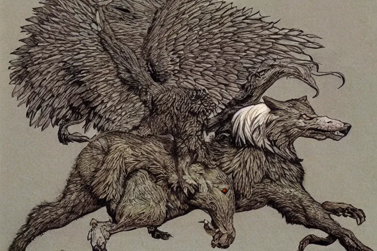 Prompt: wolf and eagle hybrid creature by Moebius