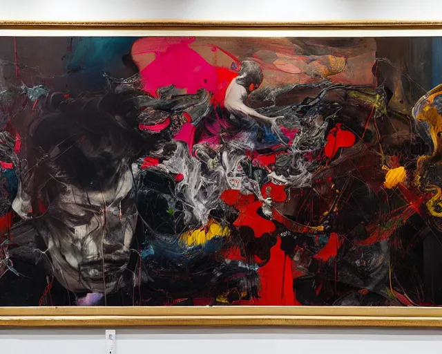 Image similar to otherworldly gallery of art, a brutalist designed, rich deep vivid colours, broad brush strokes!, painted by francis bacon, michal mraz, adrian ghenie, nicola samori, james jean and petra cortright, part by gerhard richter, part by takato yamamoto. 8 k masterpiece.