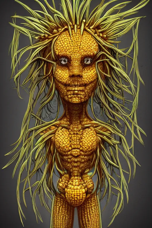 Image similar to corn dandelion humanoid figure monster, symmetrical, highly detailed, digital art, sharp focus, trending on art station, amber eyes