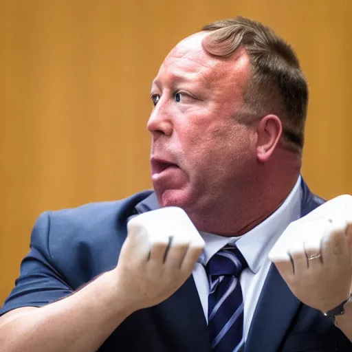 Prompt: Alex Jones desperately reaching for his out of reach phone in the courtroom, [EOS 5DS R, ISO100, f/8, 1/125, 84mm, RAW, sharpen, unblur]