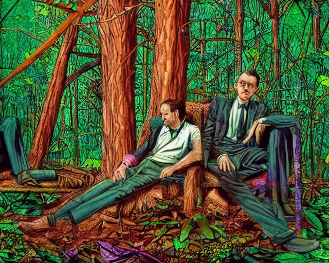 Image similar to edgar cayce and aldous huxley in a forest, epic colorful hyper detailed award winning photography