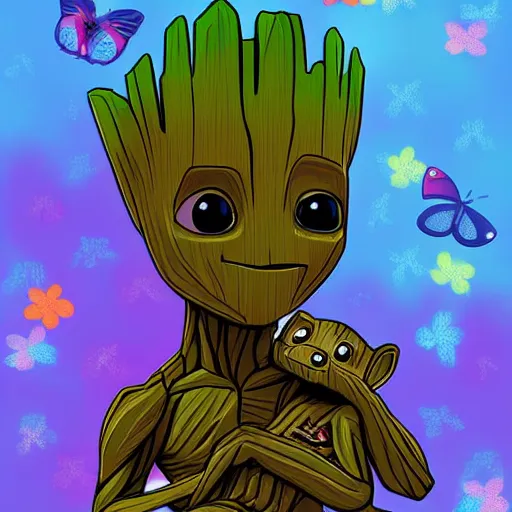 Prompt: Cute baby Groot from Marvel sitting under a tree surrounded by butterflies, digital art, illustration, well detailed