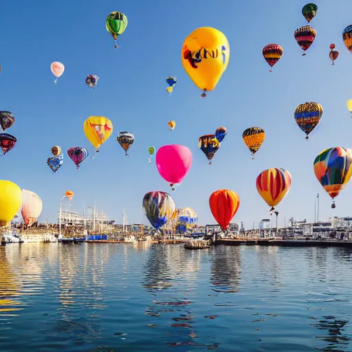 Image similar to photo of a lot of birthday balloons floating above a beautiful maritime port. sharp focus, highly - detailed, award - winning