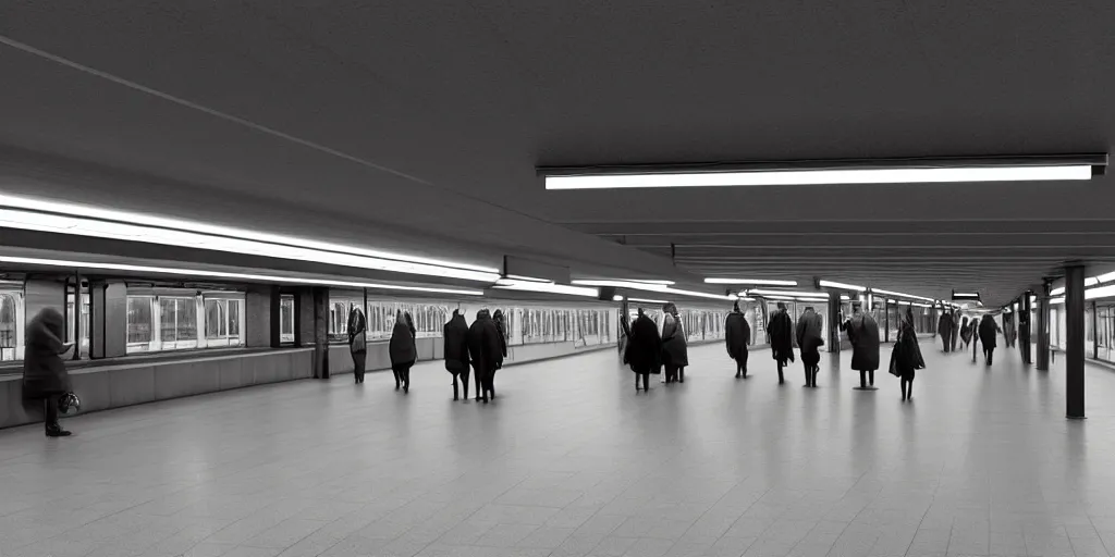 Prompt: Subway station, by Jeff A. Menges, By Mike Kemp and Vito Akensi Ludwig Mies van Der Rohe, Matte Painting, Art Station Trends H 576