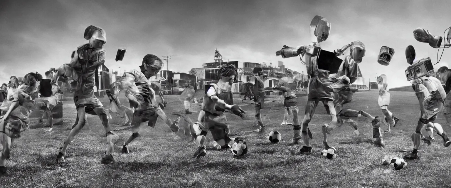 Image similar to detailed sharp photograph in the style of popular science circa 1 9 5 5 and gregory crewdson of robots playing football