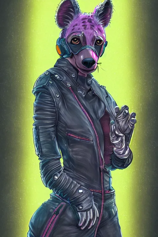 Image similar to digital painting of anthromorphic hyena female, fursona, furry fandom, neon rainy cyberpunk setting, anthro, wearing cyberpunk leather jacket, detailed face,