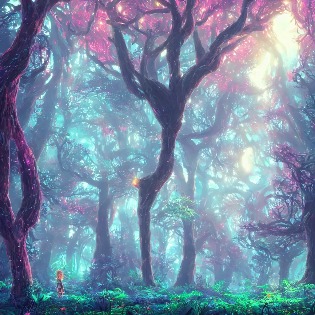 Prompt: huge trees, misty nighttime. radiating colorful energy. photorealistic, moody atmosphere, volumetric shading, holographic undertones, intricate and detailed, highly saturated colors. ori and the blind forest, breath of the wild style, studio ghibli!!!. trending on artstation. award winning, daily deivation. pastel!! pink accents.