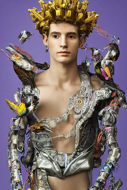 Image similar to full-body bladerunner style sculpture of a young handsome Colombian prince as a half cibernetic android with a chest opening exposing circuitry and electric sparks, glowing pink eyes, crown of blue flowers, flowing salmon-colored silk, fabric, raptors. baroque elements. full-length view. baroque element. intricate artwork by caravaggio. many many birds birds on background. Trending on artstation, octane render, cinematic lighting from the right, hyper realism, octane render, 8k, depth of field, 3D