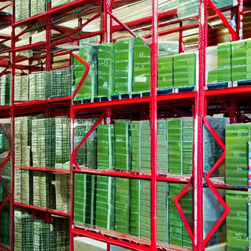 Image similar to a picture of a warehouse full of boxes with green patches on the top and red patches on the sides