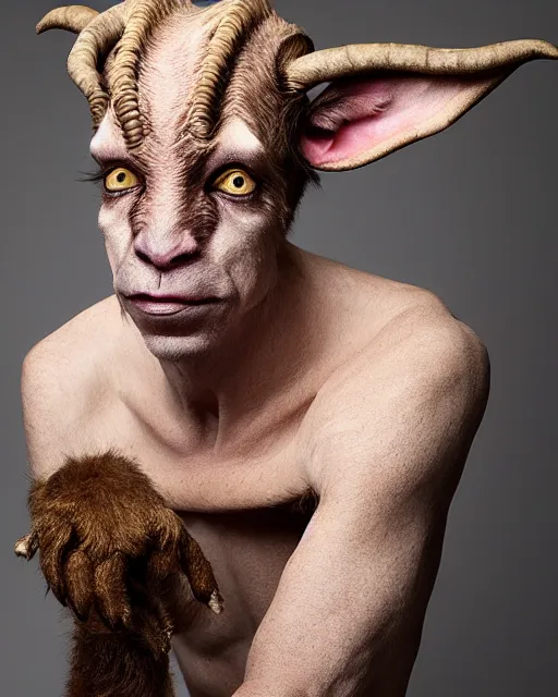 Image similar to actor Doug Jones in Elaborate Pan Satyr Goat Man Makeup and prosthetics designed by Rick Baker, Hyperreal, Head Shots Photographed in the Style of Annie Leibovitz, Studio Lighting