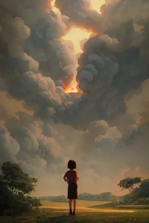 Image similar to a highly detailed matte painting of a girl watching nuclear power plant fire by studio ghibli, makoto shinkai, by artgerm, by wlop, by greg rutkowski, volumetric lighting, octane render, 4 k resolution, trending on artstation, masterpiece