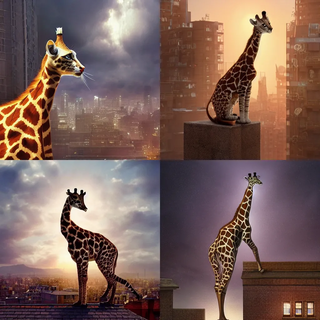 Prompt: a cat standing on the rooftop, the cat looks like giraffe, giraffe head and giraffe body, fantasy, intricate, epic lighting, cinematic composition, hyper realistic, 8 k resolution, unreal engine 5, by artgerm, tooth wu, dan mumford, beeple, wlop, rossdraws, james jean, andrei riabovitchev, marc simonetti, artstation