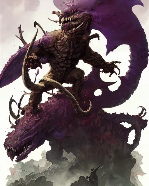 Image similar to cinematic portrait of a one eyed, one horned, flying purple people eater by greg rutkowski and frank frazetta and peter mohrbacher and marc silvestri