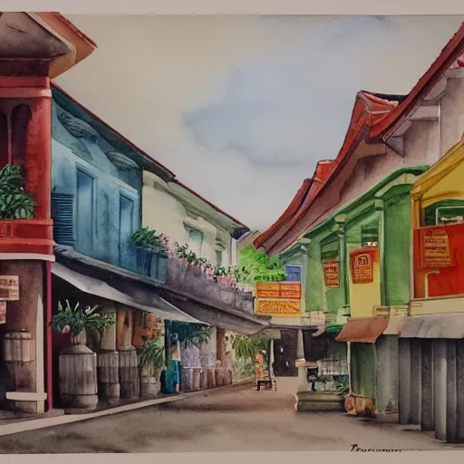 Prompt: singapore katong shophouses street scene, highly detailed, contemporary watercolor, smooth, by joseph zbikowicz, 8 k