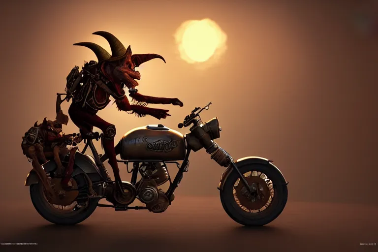 Prompt: a goblin riding a steampunk motorcycle, sunlight, in daytime, hyperdetailed, artstation, cgsociety, 8k