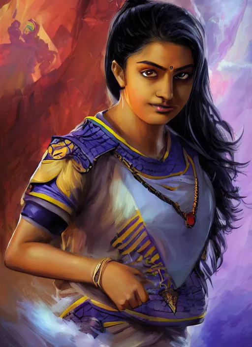 Image similar to An epic fantasy comic book style portrait painting of a young Indian woman named Immodi, very expressive, dark piercing eyes, tomboy, mischievous, smirk, round face, very dark tan skin, futuristic short black hair style, wearing a blue and yellow soccer uniform, arms crossed, unreal 5, DAZ, hyperrealistic, octane render, cosplay, RPG portrait, dynamic lighting