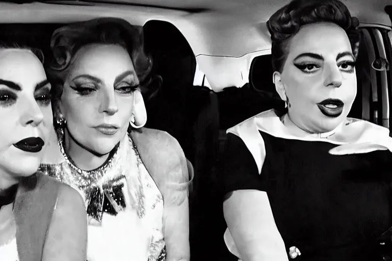 Image similar to lady gaga and judy garland doing carpool karaoke, lady gaga and judy garland, carpool karaoke, lady gaga, judy garland, carpool karaoke, youtube video screenshot, the late late show with james corden, higly realistic, high resolution, dashcam