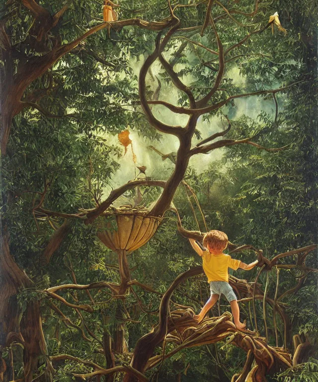 Image similar to masterful oil on canvas painting, eye - level view, shot from 5 0 feet distance, of a kid playing in a treehouse. in the background is a whimsical sparse forest. golden hour, detailed, depth, volume, chiaroscuro, quiet intensity, vivid color palette. by tex avery and gerald brom