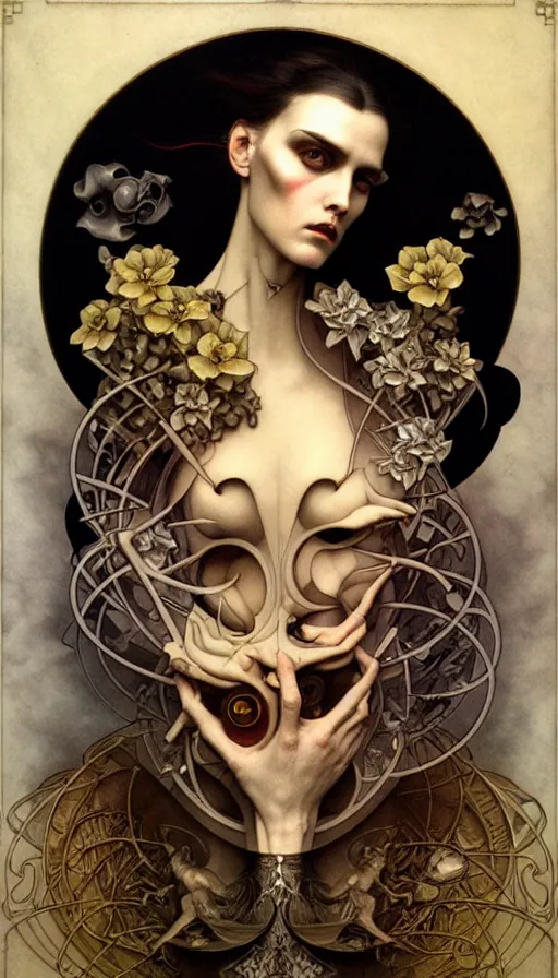 Image similar to M. C. Escher looking puzzled painted by tom bagshaw, mobius, mucha M. C. Escher, gold paint, ink, gnarly details