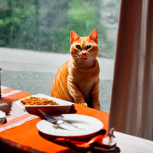 Image similar to fat orange tabby cat eating lasagna on a table, afternoon, by michelangelo neighborhood outside window