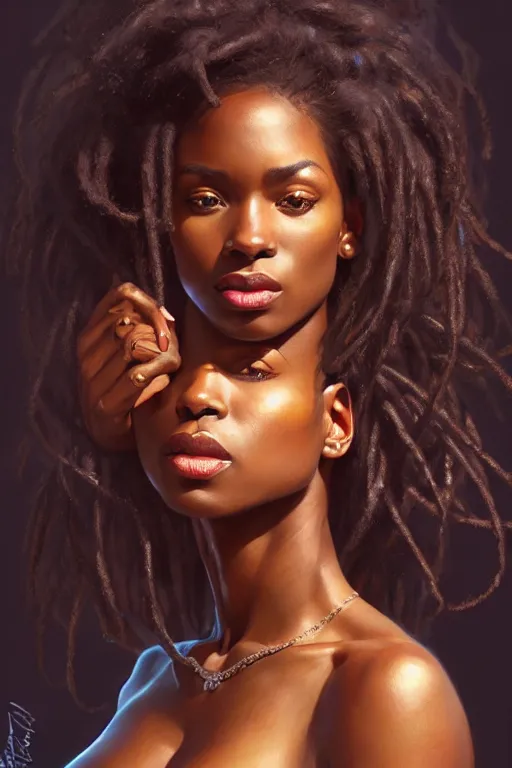 Prompt: clear portrait of a black attractive women, cottagecore!!, background hyper detailed, character concept, full body, dynamic pose, glowing lights!! intricate, elegant, highly detailed, digital painting, artstation, concept art, smooth, sharp focus, illustration, art by artgerm and greg rutkowski and alphonse mucha