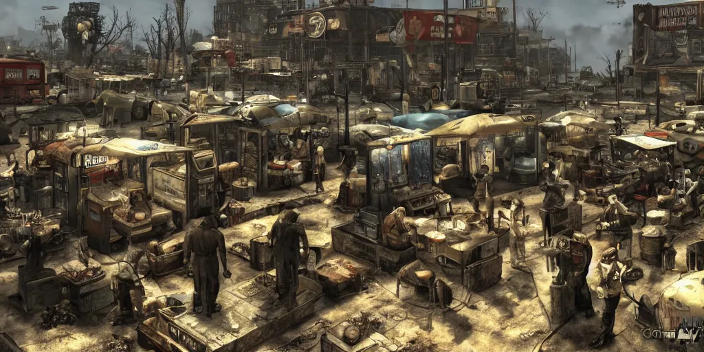 Prompt: a busy marketplace, fallout themed, fallout 3, fallout 4, fallout 7 6, post - apocalyptic, digital art, 4 k,