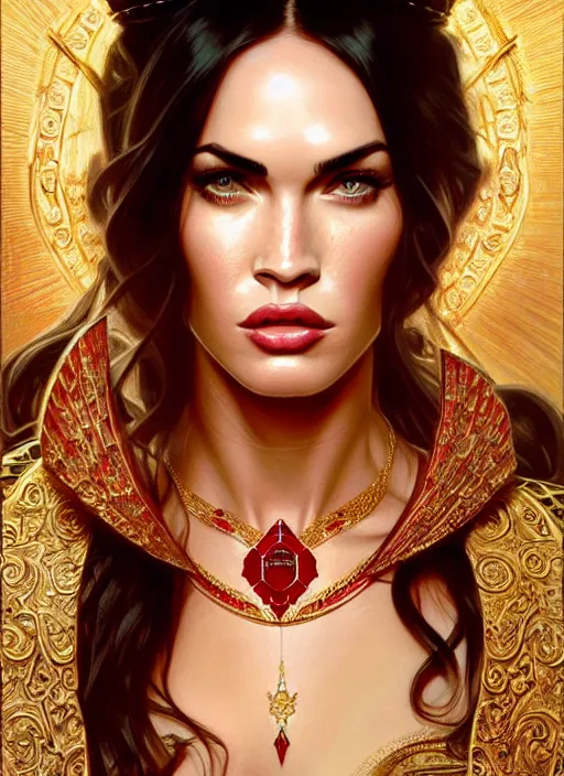 Image similar to portrait of megan fox as a queen, throne, jewelry, greek, ruby, intricate, headshot, highly detailed, digital painting, artstation, concept art, sharp focus, cinematic lighting, illustration, art by artgerm and greg rutkowski, alphonse mucha, cgsociety