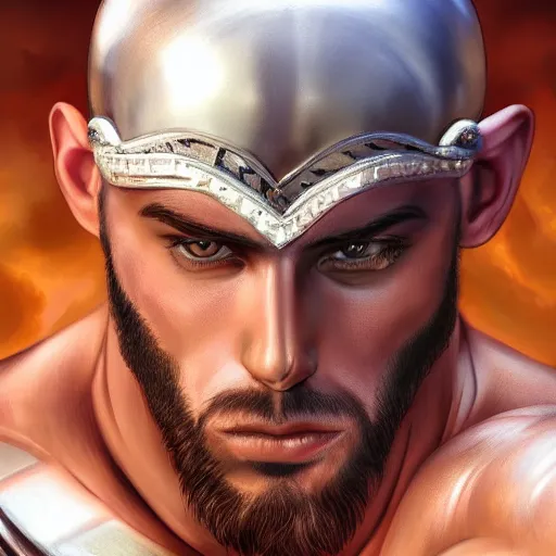 Prompt: handsome portrait of a spartan guy bodybuilder posing, intricate details, trending on artstation, sharp focus, caustics, radiant light, translucence, style of vento aureo cover art, style of stone ocean cover art, style of steel ball run cover art, ilya kuvishinov style, illustrated by hirohhiko araki