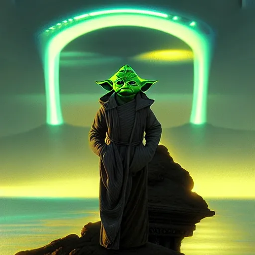 Image similar to tron yoda in front sunset, cliffside ocean scene, backlit, diffuse lighting, hyper realistic, elegant, intricate, hyper detailed, smooth, sharp focus, concept art, illustration, trending on artstation, art by artem demura, greg rutkowski, james gurney, and alphonse mucha