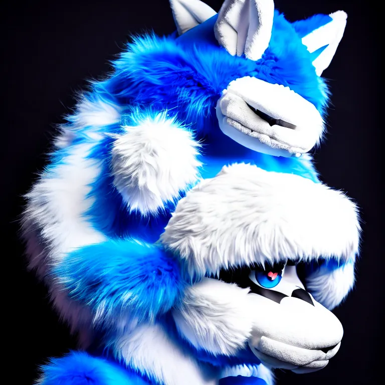 Prompt: photo of a fursuiter ( spherical dragon ) ( blue + white fur ) posing | | fullbody fursuiter photoshoot, photo portrait of a cute roguish male furry fursuiter ( tail attached ), key visual, warm lighting, hd, taken at anthrocon ( furry convention ), 1 6 k