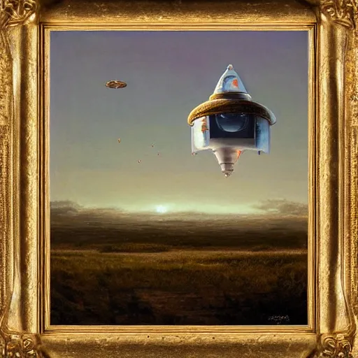 Image similar to painting of artlilery spaceship with ornate metal work lands in country landscape, filigree ornaments, volumetric lights, norm rockwell, micheal whelan