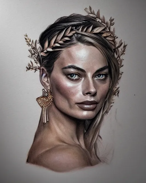 Image similar to realism tattoo sketch of margot robbie as a beautiful greek goddess aphrodite with piercing eyes wearing a laurel wreath and triangle earrings, in the style of greg rutkowski, amazing detail