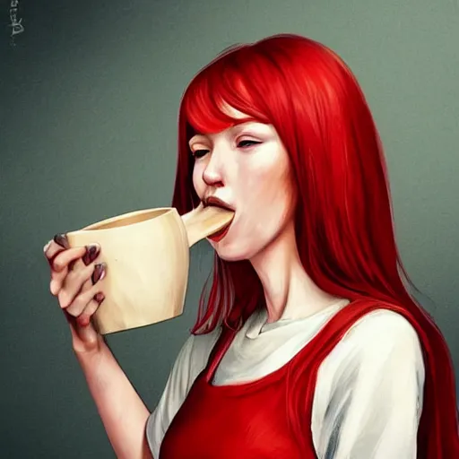 Image similar to epic portrait a drunk women drinking honey from a big wooden cup, Red nose, freckles, beauty, pretty face, glossy skin, red bang hair, white blouse with short sleeves, digital painting, artstation, concept art, soft light, hdri, smooth, sharp focus, illustration, fantasy, intricate, elegant, highly detailed, D&D, matte painting, in the style of Greg Rutkowski and Alphonse Mucha and artemisia, 8k, highly detailed, jurgens, rutkowski, bouguereau, pastoral, rustic, georgic