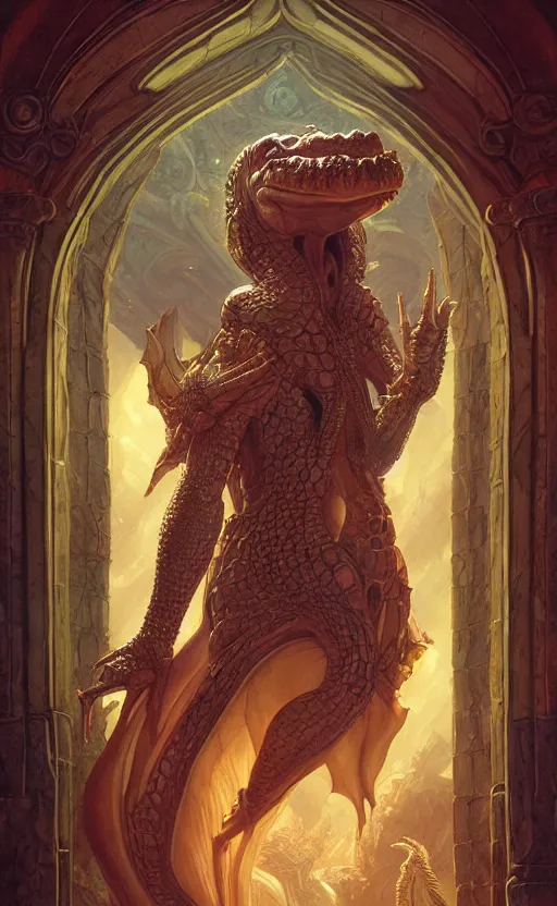 Image similar to crocodile godess in temple portal, reptilian skin, d & d, fantasy, intricate, elegant, highly detailed, digital painting, artstation, concept art, matte, sharp focus, illustration, art by artgerm and greg rutkowski and alphonse mucha