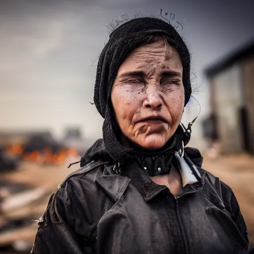 Image similar to photographic portrait of a poor techwear woman holding back tears, a futuristic shanty town burns in the background, closeup, sigma 85mm f/1.4, 4k, depth of field, high resolution, 4k, 8k, hd, full color