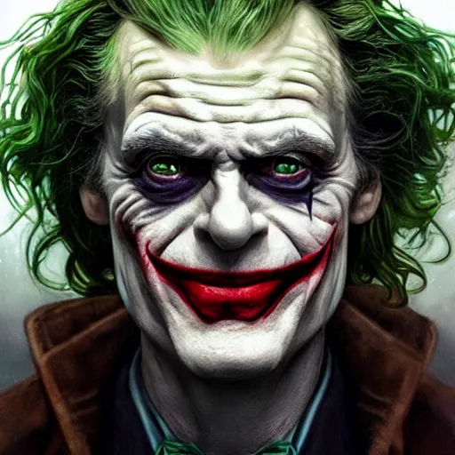 Image similar to ultra realistic illustration, christopher lloyd as the joker,, fantasy, intricate, horror, highly detailed, digital painting, artstation, concept art, sharp focus, illustration, art by artgerm and greg rutkowski and alphonse mucha