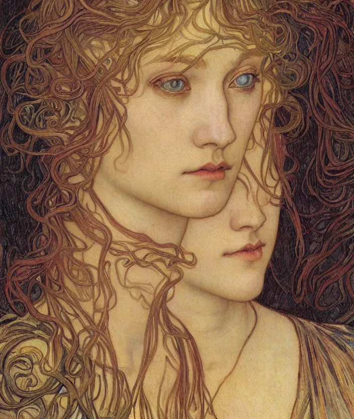 Image similar to detailed realistic beautiful young medieval queen face portrait by jean delville, alphonse mucha, vincent van gogh, and marco mazzoni, art nouveau, symbolist, visionary, gothic, pre - raphaelite