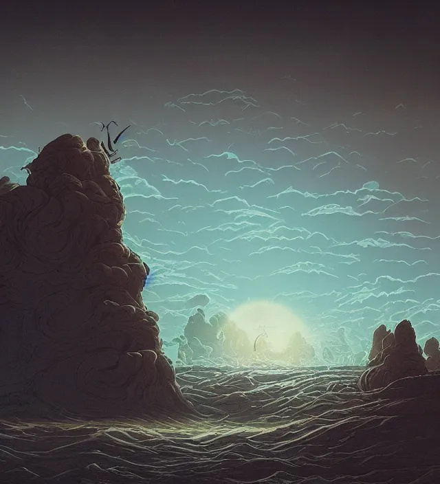 Prompt: a giant 🌊 swirling in the sky above a barren 🏜 by ivan shishkin and zacharias aagaard and simon stalenhag and dan mumford and josan gonzalez, surrealism, chiaroscuro, hyper detailed, desaturated, retrowave