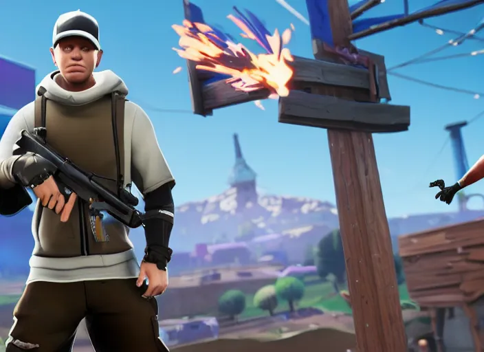 Image similar to eminem as fortnite character, gameplay screenshot