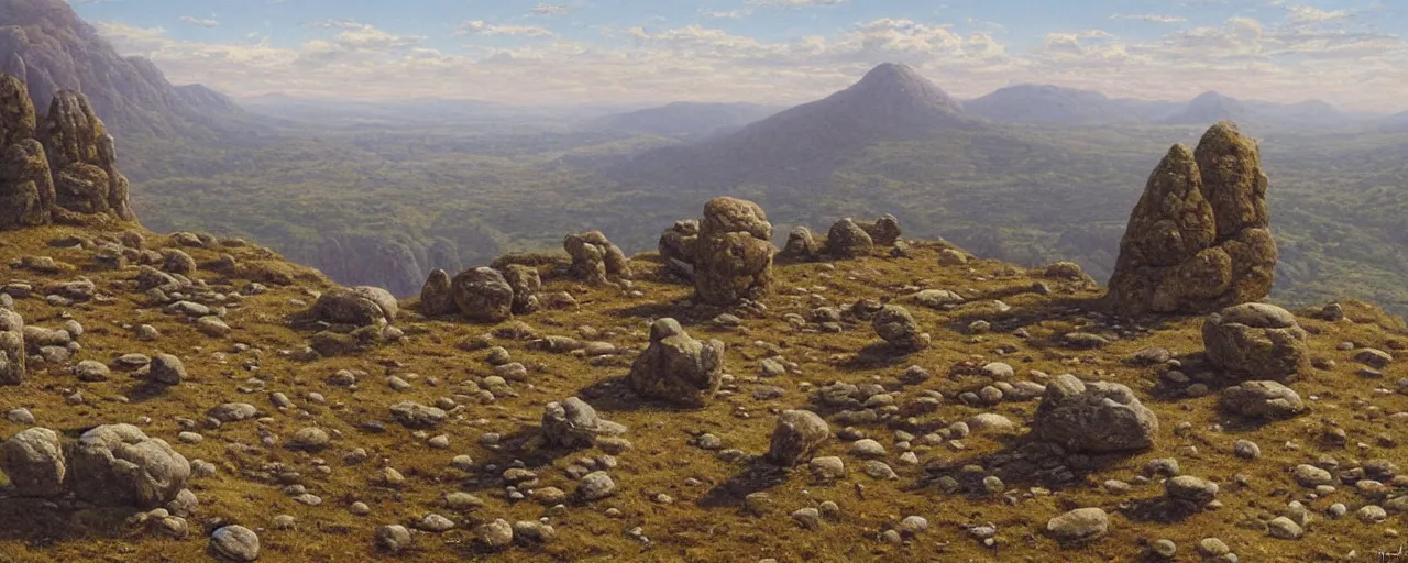 Image similar to a high hill landscape with a circle of large stones in the shape of fingers on the top, by ted nasmith