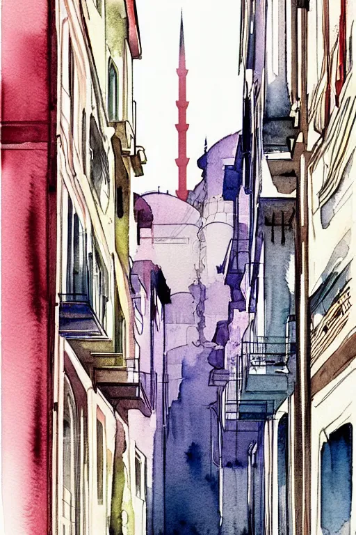 Image similar to minimalist colorful watercolor line art of istanbul, art deco, cityscape, matte drawing, poster art by chihiro iwasaki john and singer sargent