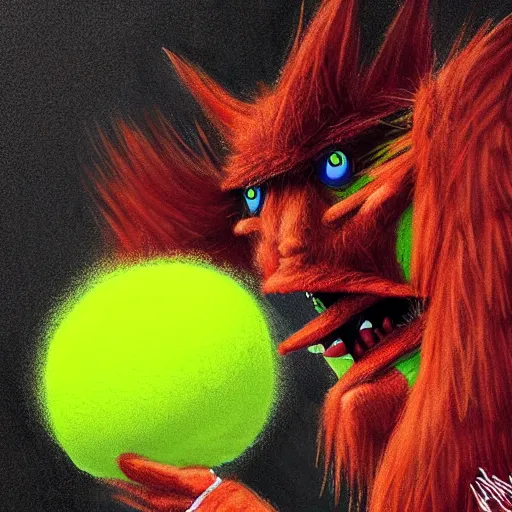 Prompt: a tennis ball monsters, wearing a puffy jacket,, digital art, fantasy, magic, chalk, trending on artstation, ultra detailed, professional illustration by basil gogos