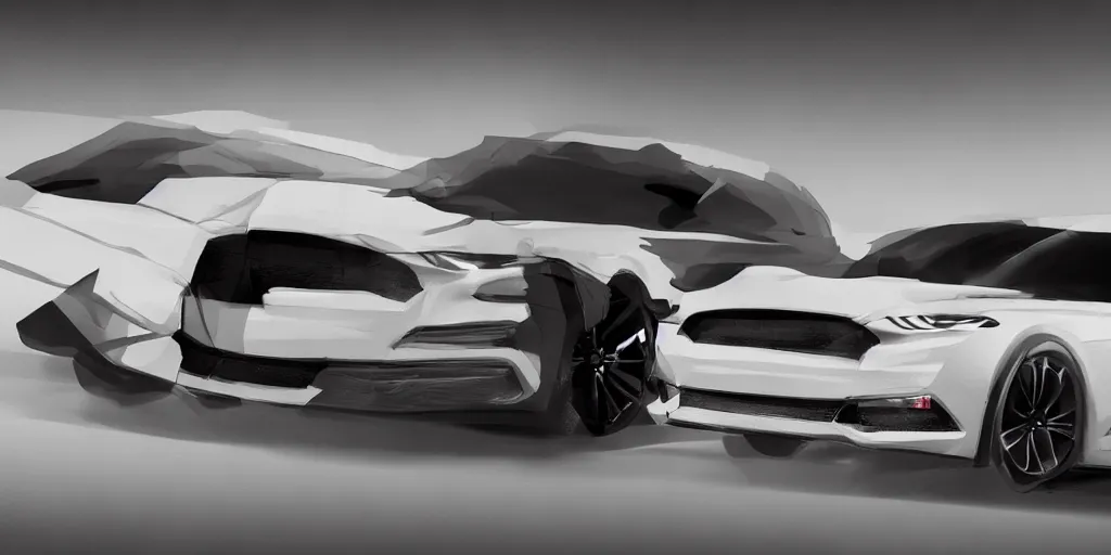 Image similar to a white van with Ford Mustang GT 2021 front design. No background, concept art style.